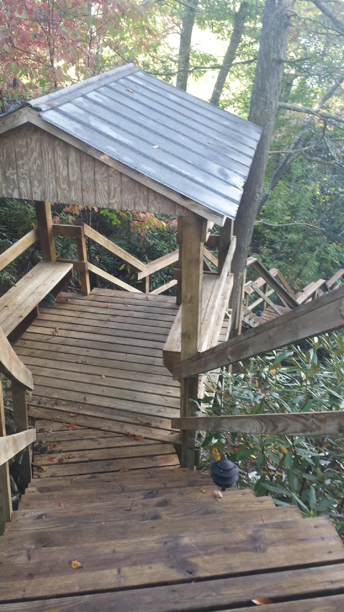 Metal roofed shelter over wooden steps on a wooded walkway — Skylight Repair & Installation work by our crew in Glen Cove